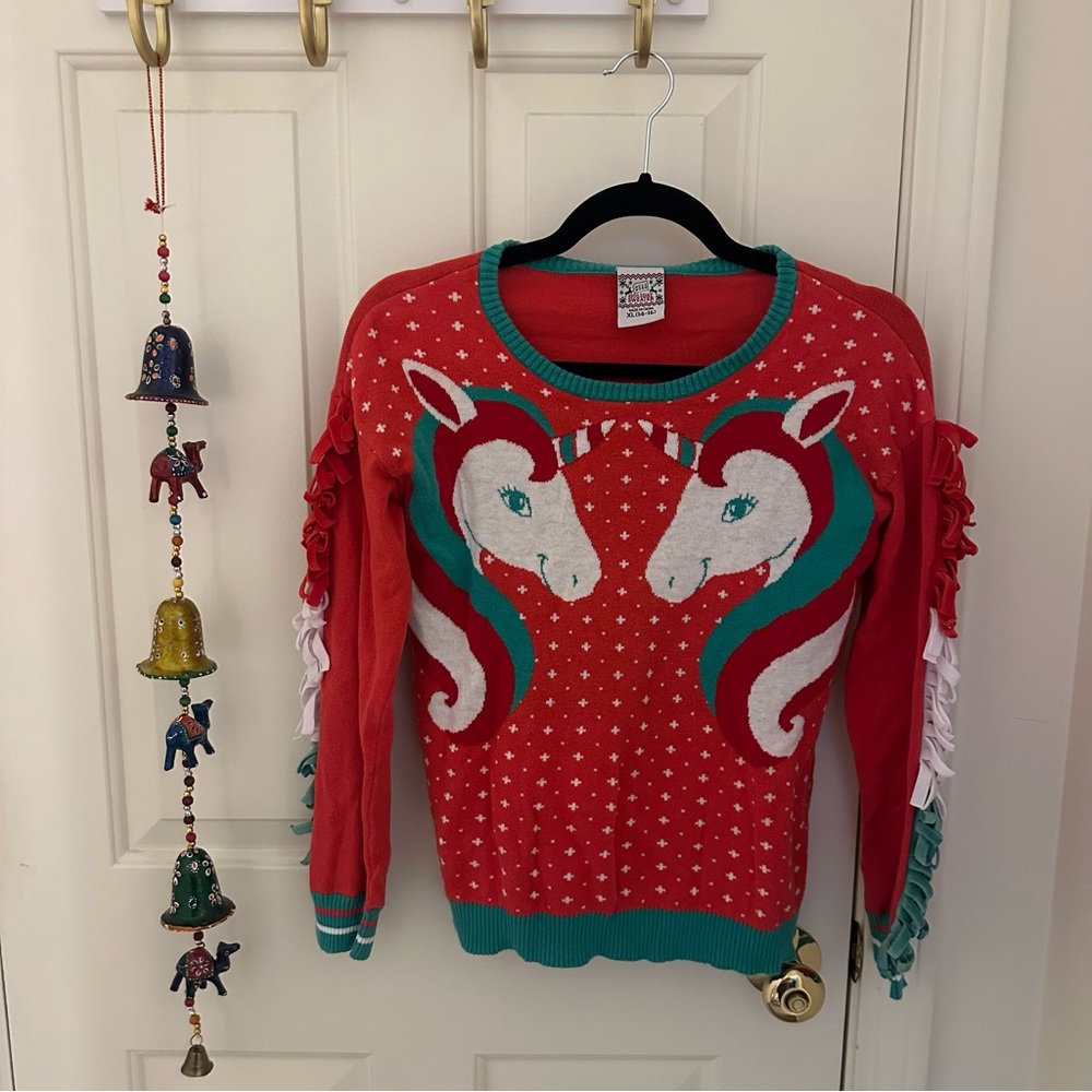 Holiday Unicorn Kids Patterned Red Sweater with Fringe XL